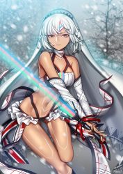 Rule 34 | 1girl, altera (fate), black panties, blurry, blurry background, bra, breasts, choker, cleavage, collarbone, dark skin, dark-skinned female, fate/grand order, fate (series), hairband, highres, holding, holding sword, holding weapon, leg up, looking at viewer, medium breasts, nail polish, navel, outdoors, panties, red eyes, rewolf, short hair, silver, snowing, solo, sword, underwear, weapon, white bra