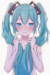 Rule 34 | 1girl, blue eyes, blue hair, blush, breasts, covering breasts, covering privates, embarrassed, flying sweatdrops, hair ornament, hatsune miku, highres, holding, holding hair, long hair, looking to the side, nail polish, nose blush, nude, small breasts, solo, twintails, upper body, very long hair, vocaloid, yasuno-labo