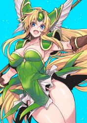 Rule 34 | 1girl, :d, armpits, blonde hair, blue background, blue eyes, breasts, cleavage, helmet, highres, holding, holding staff, large breasts, long hair, low-tied long hair, open mouth, riesz, seiken densetsu, seiken densetsu 3, simple background, smile, solo, staff, takatsuki ichi, thighs, very long hair, winged helmet
