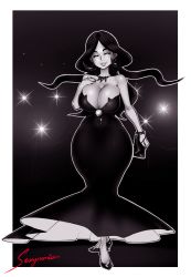 Rule 34 | 1girl, absurdres, artist name, bag, bare arms, bare shoulders, black background, black dress, black hair, black nails, border, bracelet, breasts, cleavage, closed eyes, creatures (company), curvy, drasna (pokemon), dress, earrings, fingernails, full body, game freak, gown, hand on own chest, handbag, high heels, highres, hip focus, jewelry, large breasts, lips, long hair, mature female, nail polish, necklace, nintendo, outline, pokemon, pokemon xy, sexynomicon, smile, solo, sparkle, toe cleavage, tooth earrings, tooth necklace, turtleneck, white border, white outline, wide hips