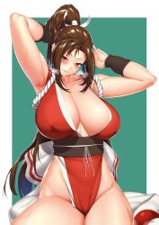 Rule 34 | armpits, arms up, bare shoulders, border, breasts, brown eyes, brown hair, cleavage, closed mouth, dress, fatal fury, green background, hair ribbon, hakai shin, heavy breathing, high ponytail, highleg, highleg dress, highres, hip focus, huge breasts, japanese clothes, long hair, parted bangs, pelvic curtain, ponytail, red dress, revealing clothes, ribbon, rope, sash, shiranui mai, sideboob, smile, solo, sweat, the king of fighters, thighs, very long hair, white border, white ribbon, wristband