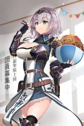 Rule 34 | 1girl, absurdres, armored boots, black gloves, black thighhighs, boots, breasts, chopsticks, cleavage, eating, fingerless gloves, food, gloves, green eyes, hair ornament, hairband, highres, holding, holding chopsticks, holding food, hololive, large breasts, meteor (yamashou), shirogane noel, shirogane noel (1st costume), silver hair, solo, thighhighs, virtual youtuber