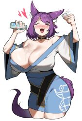 Rule 34 | 1girl, alcohol, animal ears, breasts, commission, fox ears, fox girl, fox tail, heart, highres, japanese clothes, large breasts, original, ppapmang, purple hair, solo, tail, white background