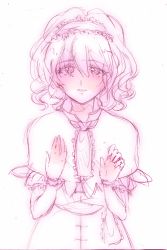 Rule 34 | 1girl, alice margatroid, capelet, female focus, gioha, hairband, looking at viewer, monochrome, necktie, parted lips, short hair, sketch, solo, touhou, wavy hair, wrist cuffs