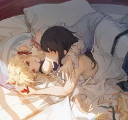 Rule 34 | 2girls, absurdres, arm around neck, arm under breasts, artist name, bare shoulders, bed, bed sheet, bite mark, black hair, blonde hair, blue dress, blush, bow, brown eyes, closed mouth, dot mouth, dress, grey eyes, hair between eyes, hair bow, hickey, highres, inoue takina, light blush, long hair, long sleeves, looking at another, lower teeth only, lycoris recoil, lying, moyu marginal, multiple girls, naked sheet, nishikigi chisato, on stomach, one side up, parted lips, pillow, red bow, red ribbon, ribbon, sidelocks, signature, sunlight, teeth, yuri