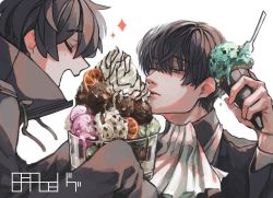 Rule 34 | 2boys, absurdres, black coat, black eyes, black hair, closed eyes, coat, commentary request, fatalbug896, food, fruit, hand up, high collar, highres, holding, holding food, ice cream, ice cream cone, ascot, long sleeves, looking at food, male focus, multiple boys, one eye closed, open mouth, orange (fruit), orange slice, original, parted lips, profile, signature, simple background, sleeves past fingers, sleeves past wrists, sparkle, turtleneck, whipped cream, white background, white ascot