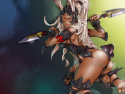 Rule 34 | 00s, 1girl, ass, dark skin, dark-skinned female, final fantasy, final fantasy xii, fran (ff12), lipstick, long hair, makeup, polearm, revealing clothes, solo, spear, take (draghignazzo), thick thighs, thighs, viera, weapon, white hair