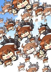 Rule 34 | 10s, 1girl, 221 (tsutsuichi), blue sky, brown hair, closed eyes, cloud, commentary request, day, falling, fang, hair ornament, hairclip, ikazuchi (kancolle), kantai collection, multiple persona, open mouth, outstretched arms, school uniform, serafuku, short hair, sky, thighhighs