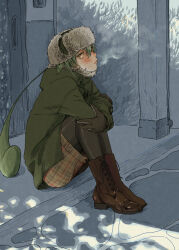 Rule 34 | 1girl, black pantyhose, boots, breath, brown footwear, coat, fur hat, gloves, green coat, grey hair, hat, highres, hugging own legs, long hair, long sleeves, looking at viewer, nanahara (nakunare), pantyhose, parted lips, shorts, sitting, solo, voiceroid, winter clothes, yellow eyes, zundamon