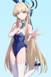 Rule 34 | 1girl, absurdres, akabino, animal ears, blonde hair, blue archive, blue background, blue bow, blue bowtie, blue eyes, blue footwear, blue hair, blue leotard, bow, bowtie, braid, collarbone, detached collar, double v, fake animal ears, fingernails, full body, high heels, highres, leotard, long hair, looking at viewer, multicolored hair, official alternate costume, open mouth, rabbit ears, simple background, solo, strapless, strapless leotard, streaked hair, thighhighs, toki (blue archive), toki (bunny) (blue archive), v, white thighhighs, wrist cuffs