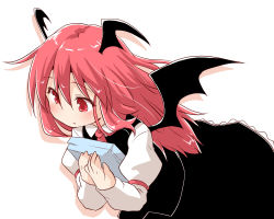 Rule 34 | 1girl, blush, carrying, collared shirt, demon wings, dress, head wings, juliet sleeves, koakuma, librarian, long hair, long sleeves, natsu no koucha, necktie, papers, puffy sleeves, red eyes, red hair, shirt, simple background, solo, touhou, wings