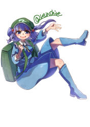Rule 34 | 1girl, absurdres, backpack, bag, blue eyes, blue footwear, boots, commentary, flat cap, full body, green hat, hair bobbles, hair ornament, hat, highres, kawashiro nitori, key, long sleeves, looking at viewer, one-hour drawing challenge, open mouth, renshirenji, rubber boots, simple background, smile, solo, touhou, twitter username, two side up, white background