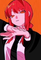 Rule 34 | 1girl, absurdres, black jacket, black necktie, chainsaw man, highres, jacket, long sleeves, looking at viewer, makima (chainsaw man), necktie, open clothes, open jacket, orange background, orange eyes, own hands together, parted lips, red hair, ringed eyes, shirt, sidelocks, simple background, solo, uotsu (sabakou), upper body, white shirt