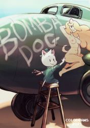 Rule 34 | 1boy, 2021, aircraft, animal ears, blonde hair, breasts, colo (nagrolaz), furry, furry male, hat, highres, jumpsuit, long hair, medium breasts, military, military vehicle, nipples, original, paintbrush, signature, sitting, smile, stool, tail