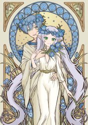 Rule 34 | 1boy, 1girl, :d, absurdres, anko kinako, blue flower, blue hair, closed mouth, dress, feet out of frame, flat chest, flower, frieren, green eyes, grey background, grey hair, hair flower, hair ornament, head wreath, highres, himmel (sousou no frieren), long hair, long sleeves, multicolored background, open mouth, pointy ears, short hair, smile, sousou no frieren, teeth, twintails, upper teeth only, very long hair, white dress, yellow background