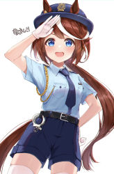 Rule 34 | 1girl, absurdres, aiguillette, alternate costume, animal ears, blue eyes, blue hat, blue necktie, blue shirt, blue shorts, blush, brown hair, collarbone, commentary request, epaulettes, gloves, hand on own hip, hat, highres, horse ears, horse girl, horse tail, long hair, looking at viewer, multicolored hair, necktie, police, police hat, police uniform, policewoman, ponytail, salute, shirt, shorts, solo, streaked hair, tail, thighhighs, tokai teio (umamusume), translation request, two-tone hair, umamusume, uniform, white gloves, white hair, white thighhighs, yoshinon (yoshinon kotori), zettai ryouiki