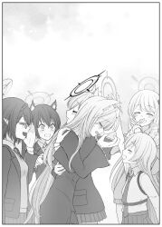 Rule 34 | 1koma, 6+girls, ^ ^, absurdres, ahoge, animal ear fluff, animal ears, blazer, blue archive, braid, broken halo, cat ears, cat girl, choker, closed eyes, collared shirt, comic, commentary request, cross hair ornament, crown braid, crying, extra ears, glasses, greyscale, hair between eyes, hair ornament, halo, headpat, height difference, highres, hug, jacket, long hair, long sleeves, looking at another, medium hair, monochrome, multiple girls, necktie, pic postcard, pointy ears, profile, school uniform, shiroko (blue archive), shiroko terror (blue archive), shirt, sidelocks, silent comic, sweatdrop, tearing up, wide sleeves, wolf ears, wolf girl