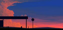 artist_name bench blue_sky bus_stop bus_stop_sign cloud evening highres iriza_katou no_humans original outdoors scenery simple_bird sky