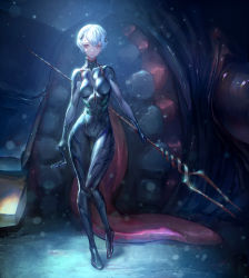 Rule 34 | 1girl, ayanami rei, bident, black bodysuit, blue hair, blurry, bodysuit, bokeh, breasts, depth of field, expressionless, full body, glasses, gloves, hair between eyes, hair ornament, headgear, highres, hip focus, holding, holding removed eyewear, holding weapon, impossible bodysuit, impossible clothes, interface headset, lance of longinus (evangelion), lens flare, looking at viewer, medium breasts, neon genesis evangelion, open mouth, ozma, pilot suit, plugsuit, polearm, red eyes, shadow, short hair, skin tight, solo, spear, standing, teeth, thigh gap, tongue, tongue out, traditional media, turtleneck, unworn eyewear, weapon
