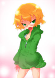 Rule 34 | 1girl, 221 (tsutsuichi), alternate costume, blonde hair, blush, commentary request, cowboy shot, fang, green eyes, green hoodie, hood, hoodie, looking at viewer, mizuhashi parsee, open mouth, pointy ears, shirt, short hair, simple background, solo, touhou, white background, white shirt