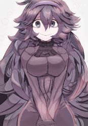 Rule 34 | 1girl, @ @, alternate breast size, breasts, closed mouth, cloth, commentary request, creatures (company), curly hair, dress, game freak, grey eyes, hair between eyes, hairband, hex maniac (pokemon), highres, holding, large breasts, long hair, looking at viewer, nintendo, outline, own hands together, pokemon, pokemon xy, purple dress, purple eyes, purple hair, purple hairband, ribbed sweater, sashihiki otsuri, smile, solo, sweater, white background