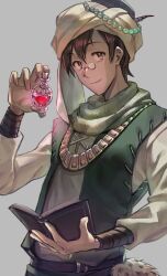 Rule 34 | 1boy, absurdres, arabian clothes, beads, belt, black hair, book, glasses, green shawl, grey background, highres, jewelry, long sleeves, male focus, mukouda tsuyoshi, necklace, potion, red eyes, shirt, smile, solo, tondemo skill de isekai hourou meshi, turban, vest, white turban, yappo (point71)