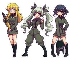 Rule 34 | 10s, 3girls, ammunition, anchovy (girls und panzer), belt, blonde hair, blue hair, boots, brown eyes, carpaccio (girls und panzer), drill hair, female focus, full body, girls und panzer, goggles, goggles on headwear, green eyes, green hair, hat, helmet, jacket, long hair, long sleeves, looking at viewer, lowres, military, military uniform, multiple girls, one eye closed, open mouth, pants, pepperoni (girls und panzer), pixel art, purple eyes, ribbon, riding crop, sai koro, shell (projectile), shirt, short hair, skirt, smile, standing, transparent background, twin drills, twintails, uniform, wink