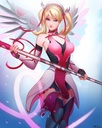 Rule 34 | 1girl, alternate hairstyle, bare shoulders, blonde hair, blue eyes, blue sky, breasts, collarbone, cowboy shot, day, dress, elbow gloves, gloves, hair ribbon, halo, halterneck, highres, holding, holding staff, looking at viewer, mcdobo, mechanical halo, mechanical wings, medium breasts, medium hair, mercy (overwatch), official alternate costume, outdoors, overwatch, overwatch 1, pelvic curtain, pink dress, pink mercy, pink ribbon, pink wings, ribbon, sky, smile, solo, spread wings, staff, thighhighs, twintails, wings