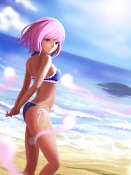 Rule 34 | 1girl, arched back, arms behind back, back, beach, bikini, blue bikini, blue sky, blurry, blush, cloud, day, depth of field, expressionless, floral print, frilled bikini, frills, from side, highres, hitodama, horizon, legs, lens flare, looking afar, looking to the side, ocean, outdoors, own hands together, perspective, pink eyes, pink hair, rock, saigyouji yuyuko, sand, sarena, short hair, sky, solo, string bikini, sunlight, swimsuit, thighs, touhou, water, waves, wind