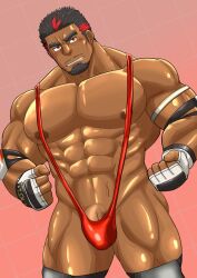 Rule 34 | 1boy, abs, alternate costume, bara, blush, brown eyes, bulge, clenched hands, cowboy shot, dark-skinned male, dark skin, facial hair, goatee, konnezuwrestle, large pectorals, live a hero, looking to the side, male focus, mature male, muscular, muscular male, mustache stubble, navel, nipples, no mask, pectorals, penis, penis peek, polaris mask (live a hero), shaved body, shiny skin, short hair, shy, slingshot swimsuit, solo, stomach, strongman waist, stubble, swimsuit, thick eyebrows, thick thighs, thighs, topless male, veiny crotch, wrestling outfit