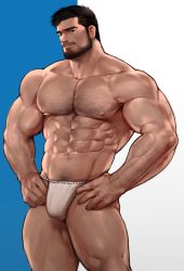 Rule 34 | 1boy, abs, arm hair, bara, beard, bulge, chest hair, dopey (dopq), facial hair, feet out of frame, fundoshi, hands on own hips, highres, japanese clothes, large pectorals, looking at viewer, male focus, male pubic hair, male underwear, mature male, muscular, muscular male, mustache, navel, nipples, original, pectorals, pubic hair, pubic hair peek, short hair, solo, stomach, thick eyebrows, thick thighs, thighs, underwear, underwear only, white male underwear