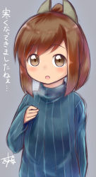 Rule 34 | 1girl, :o, alternate costume, blue sweater, blush, brown eyes, brown hair, grey background, gurande (g-size), hair ornament, highres, i-401 (kancolle), kantai collection, long sleeves, ponytail, ribbed sweater, signature, simple background, sleeves past wrists, solo, sweater, translation request, upper body