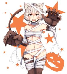 Rule 34 | &gt;:d, 1girl, :d, animal ears, bandages, blush, breasts, brown eyes, budget sarashi, character request, copyright request, fangs, fur, grey hair, groin, jack-o&#039;-lantern, naked bandage, navel, open mouth, plan (planhaplalan), sarashi, short hair, small breasts, smile, solo, tail, v-shaped eyebrows, white background