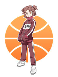 Rule 34 | 10s, 1girl, ball, basketball, black rock shooter, blush, brown eyes, brown hair, grin, jacket, kohata arata, looking at viewer, oniyan, shoes, short hair, short twintails, smile, solo, track jacket, track suit, twintails, zipper