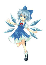 Rule 34 | 1girl, :d, blue eyes, blue hair, bow, cirno, fang, hair bow, highres, ice, ice wings, mary janes, matching hair/eyes, open mouth, outstretched arms, shoes, smile, solo, tm-pika, touhou, wings