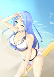 Rule 34 | 10s, 1girl, bare shoulders, bikini, blue eyes, blue hair, blush, breasts, cleavage, female focus, joukamachi no dandelion, large breasts, long hair, looking at viewer, matching hair/eyes, navel, one eye closed, open mouth, sakurada aoi, solo, swimsuit