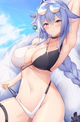 Rule 34 | 1girl, animal ears, antenna hair, arm behind head, armpits, asymmetrical breasts, aviator sunglasses, azur lane, bikini, bikini pull, black choker, blue legwear, blush, breasts, choker, cleavage, closed mouth, clothes pull, collarbone, commentary request, eyewear on head, fox mask, fox tail, hair between eyes, hair ornament, hairclip, halterneck, highleg, highleg bikini, highres, large breasts, long braid, long hair, looking at viewer, mask, mask on head, multiple tails, navel, pulled by self, purple eyes, ranju aira, solo, standing, sunglasses, swimsuit, tail, thick eyebrows, thigh strap, tosa (azur lane), tosa (hometown zest) (azur lane), two-tone bikini
