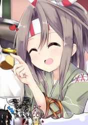 Rule 34 | 10s, 1boy, 2girls, :d, ^ ^, admiral (kancolle), amano kouki, armlet, blush, breasts, candy, chocolate, chocolate heart, closed eyes, food, headband, heart, highres, kantai collection, multiple girls, open mouth, out of frame, oven, poking, shouhou (kancolle), sidelocks, sleeves past elbows, smile, solo focus, squiggle, upper body, zuihou (kancolle)