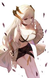 Rule 34 | 1girl, arknights, bare shoulders, black choker, black skirt, blurry, breasts, brown eyes, choker, cleavage, closed mouth, collarbone, crop top, dragon horns, grey jacket, grey shirt, highres, horns, jacket, large breasts, leria v, long hair, long sleeves, looking at viewer, midriff, miniskirt, navel, off shoulder, open clothes, open jacket, pencil skirt, saria (arknights), shirt, silver hair, simple background, skirt, sleeveless, sleeveless shirt, solo, sports bra, stomach, strap, thighs, underwear, white background