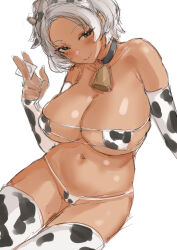 Rule 34 | 1girl, animal print, bell, bikini, breasts, commentary request, condom, condom wrapper, cow print, cow print bikini, cowbell, dark-skinned female, dark skin, detached sleeves, dh-zone, eyepatch bikini, grey hair, gundam, gundam suisei no majo, highres, holding, holding condom, large breasts, looking at viewer, neck bell, print bikini, print sleeves, secelia dote, short hair, simple background, sketch, solo, swimsuit, tan, white background