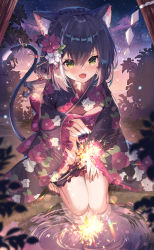 Rule 34 | 1girl, :d, absurdres, animal ear fluff, animal ears, black hair, black kimono, blush, cat ears, cat girl, cat tail, commentary request, fang, fireworks, floral print, flower, frilled kimono, frilled sleeves, frills, green eyes, hair between eyes, hair flower, hair ornament, hand on own thigh, highres, holding, holding fireworks, japanese clothes, karyl (new year) (princess connect!), karyl (princess connect!), kimono, long sleeves, multicolored hair, night, night sky, open mouth, outdoors, pond, princess connect!, print kimono, red flower, reflection, reflective water, ribbon, shanguier, skin fang, sky, smile, solo, sparkler, star (sky), starry sky, streaked hair, tail, tail ornament, tail raised, tail ribbon, water, white flower, white hair