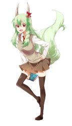 Rule 34 | 1girl, 6 (yuchae), blush, book, bow, bowtie, brown thighhighs, cosplay, ex-keine, fang, full body, green hair, highres, horn ornament, horn ribbon, horns, kamishirasawa keine, kochiya sanae, kochiya sanae (cosplay), long hair, long sleeves, looking at viewer, miniskirt, necktie, open mouth, red eyes, ribbon, school uniform, shoes, simple background, skirt, smile, solo, sweater, tail, thighhighs, touhou, vest, white background, zettai ryouiki
