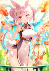 Rule 34 | 1girl, animal ears, bare arms, bare shoulders, breasts, china dress, chinese clothes, cowboy shot, double bun, dress, fish, goldfish, hair bun, hands up, highres, holding, holding lamp, kabocha usagi, lamp, long hair, looking at viewer, medium breasts, no panties, open mouth, original, pelvic curtain, rabbit ears, rabbit tail, red eyes, sleeveless, sleeveless dress, smile, solo, standing, tail, thighs, twintails, white dress, white hair