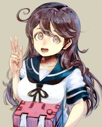 Rule 34 | 1girl, :3, adapted turret, ahoge, black hair, blue sailor collar, breast rest, breasts, brown eyes, cannon, fujinozu, grey background, kantai collection, long hair, looking at viewer, sailor collar, school uniform, serafuku, simple background, smile, solo, turret, upper body, ushio (kancolle), v