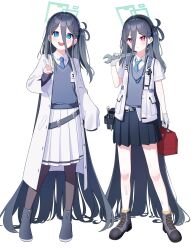 Rule 34 | &lt;key&gt; (blue archive), 2girls, absurdly long hair, absurdres, aris (blue archive), black hairband, blue archive, blue hair, blue necktie, blush, dark blue hair, gloves, green halo, grey gloves, hairband, halo, highres, jacket, lab coat, long hair, long sleeves, looking at viewer, multiple girls, necktie, open mouth, pantyhose, rectangular halo, ringed eyes, shirt, siblings, side ponytail, simple background, skirt, supersugar, sweater, toolbox, twins, v, very long hair, white background, wrench
