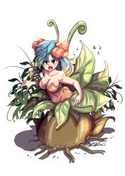 Rule 34 | 1girl, bare shoulders, blue hair, breasts, butt crack, charochai, cleavage, collarbone, large breasts, leaves, medium hair, monster girl, plant girl, solo