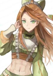 Rule 34 | 1girl, abs, closed mouth, etie (fire emblem), fire emblem, fire emblem engage, green eyes, long hair, looking at viewer, mai yukari, midriff, nintendo, orange hair, parted bangs, solo, swept bangs, upper body