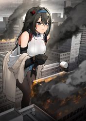 Rule 34 | 1girl, absurdres, black gloves, black hair, blue eyes, blue hairband, blush, breasts, burning, city, commentary, day, english commentary, feet out of frame, fire, food, giant, giantess, girls&#039; frontline, gloves, hairband, hanabusaraleigh, headband, highres, jacket, large breasts, long hair, looking at food, mod3 (girls&#039; frontline), mole, mole under eye, off shoulder, outdoors, pantyhose, skirt, smile, solo, super sass (girls&#039; frontline), super sass (mod3) (girls&#039; frontline), third-party source, tofu
