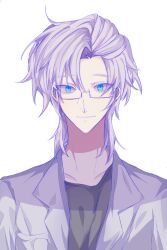 Rule 34 | 1boy, black shirt, blue eyes, chinese commentary, closed mouth, collarbone, colored lineart, commentary request, glasses, highres, kanou aogu, lab coat, looking at viewer, male focus, medium hair, open clothes, portrait, rectangular eyewear, saibou shinkyoku, semi-rimless eyewear, shi yuan, shirt, simple background, smile, solo, white background, white hair
