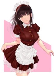 Rule 34 | 1girl, akagi (kancolle), alternate costume, apron, blush, breasts, brown eyes, brown hair, buttons, closed mouth, cowboy shot, dress, enmaided, hair between eyes, highres, kantai collection, large breasts, long hair, looking at viewer, maid, maid headdress, puffy short sleeves, puffy sleeves, red dress, short sleeves, smile, solo, wa (genryusui), waist apron, white apron
